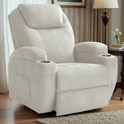 Furmax Electric Power Lift Recliner Soft Corduroy Chair Sofa with with 8 Vibrating Massages Ergonomic Lounge Chair with 2 Cup Holders and Side Pocket,Beige