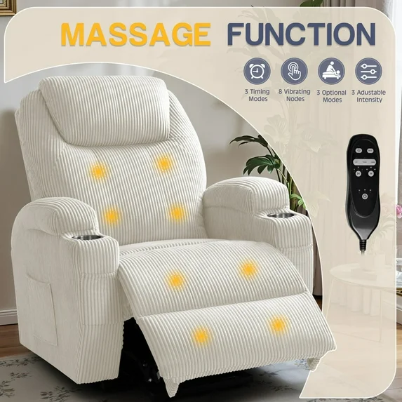 Furmax Electric Power Lift Recliner Soft Corduroy Chair Sofa with with 8 Vibrating Massages Ergonomic Lounge Chair with 2 Cup Holders and Side Pocket,Beige