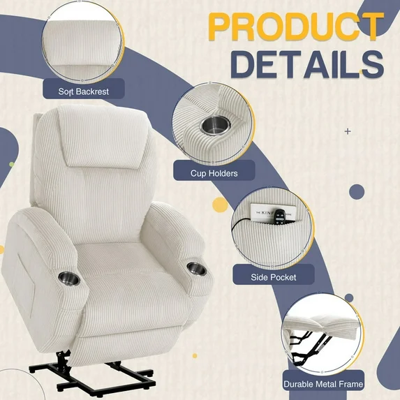 Furmax Electric Power Lift Recliner Soft Corduroy Chair Sofa with with 8 Vibrating Massages Ergonomic Lounge Chair with 2 Cup Holders and Side Pocket,Beige