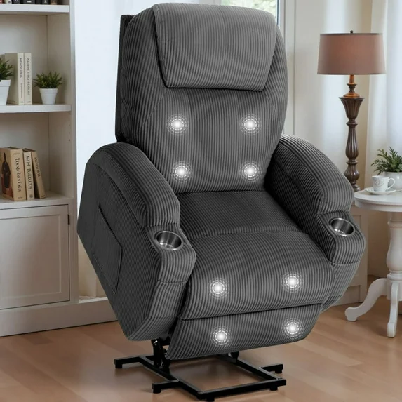 Furmax Electric Power Lift Recliner Soft Corduroy Chair Sofa with with 8 Vibrating Massages Ergonomic Lounge Chair with 2 Cup Holders and Side Pocket,Beige