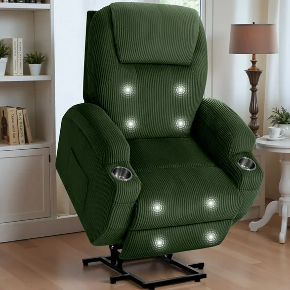 Furmax Electric Power Lift Recliner Soft Corduroy Chair Sofa with with 8 Vibrating Massages Ergonomic Lounge Chair with 2 Cup Holders and Side Pocket,Beige