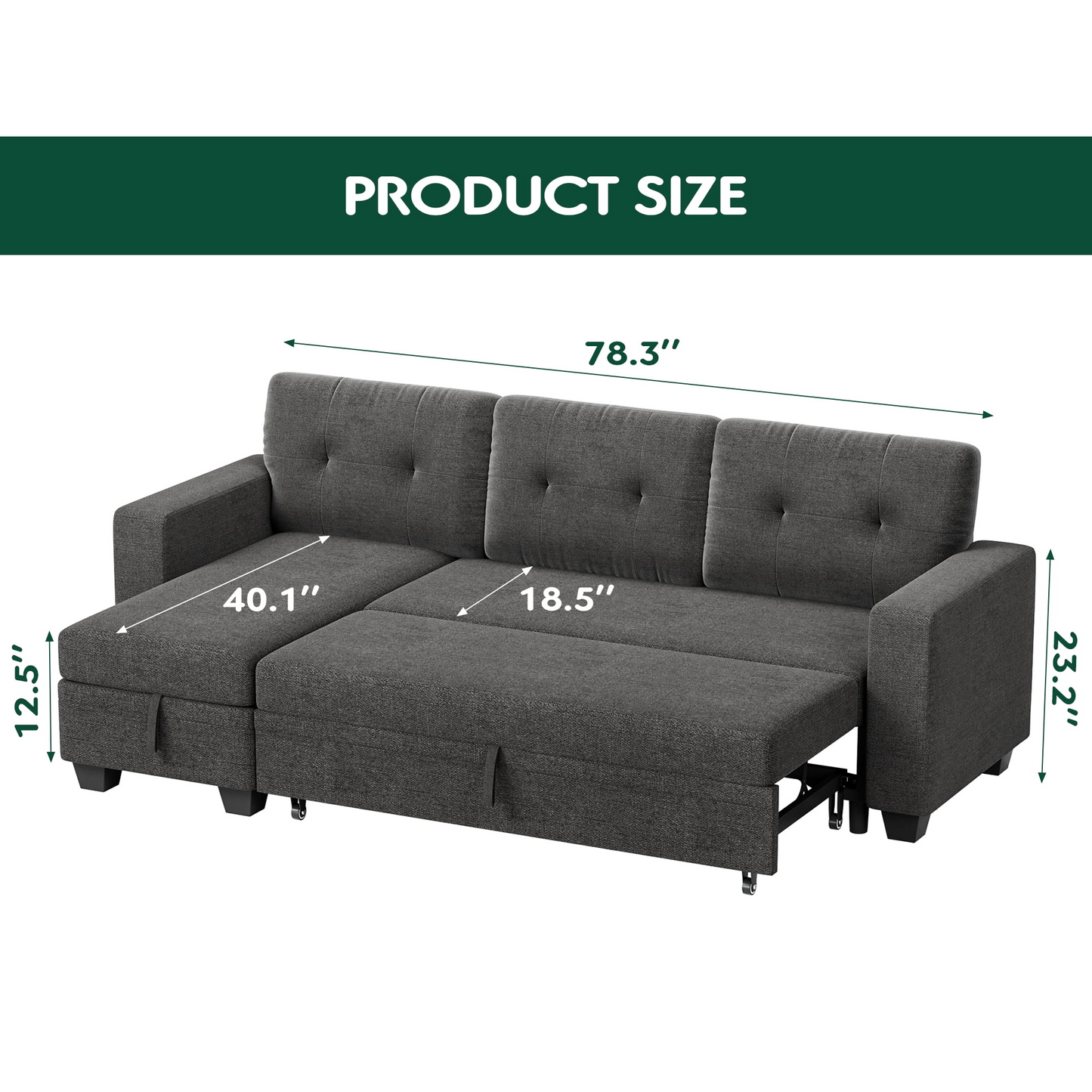 Furmax Convertible L Shaped Sectional Sofa with Storage Chaise and Pullout Sofa Bed, Gray