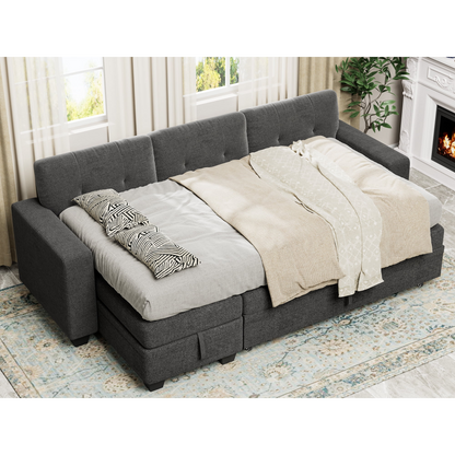 Furmax Convertible L Shaped Sectional Sofa with Storage Chaise and Pullout Sofa Bed, Gray