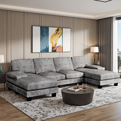 Furmax U-Shaped Sectional Sofa with Chaise, 4 Seats Chenille Fabric Sofa for Living room