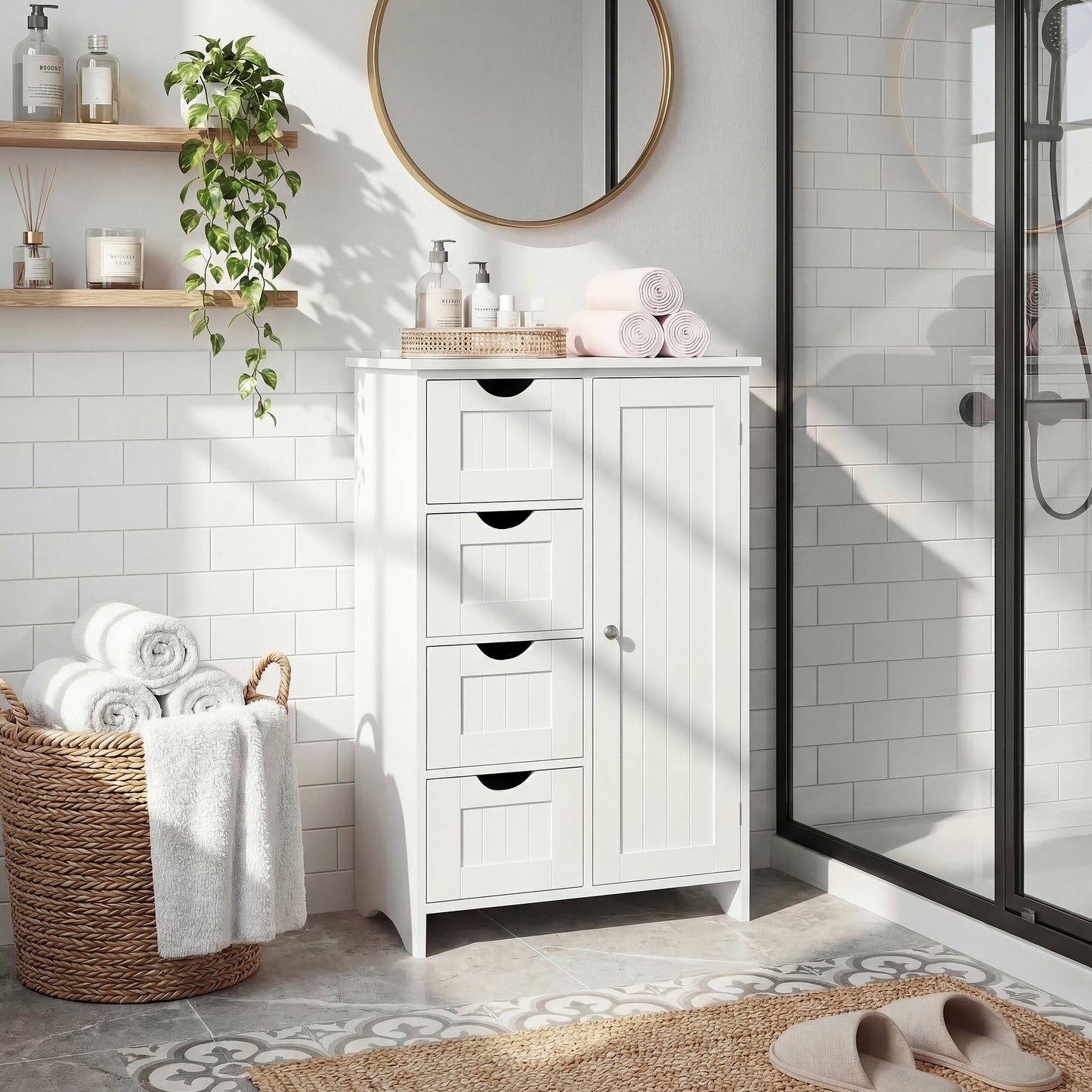 Furmax Wooden Bathroom Floor Cabinet with 4 Drawers, 1 Adjustable Shelf & 1 Cupboard，Side Storage Organizer Storage Cabinet for Bathroom, Entryway