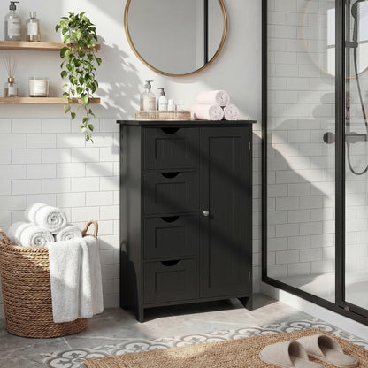 Furmax Wooden Bathroom Floor Cabinet with 4 Drawers, 1 Adjustable Shelf & 1 Cupboard，Side Storage Organizer Storage Cabinet for Bathroom, Entryway