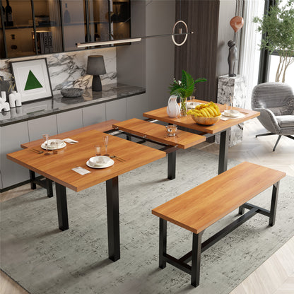 Furmax Expandable Dining Table Set for 4 with 2 Benches High Quality Metal Frame & Wood Board Kitchen Living Room Small Space Modern Kitchen Table