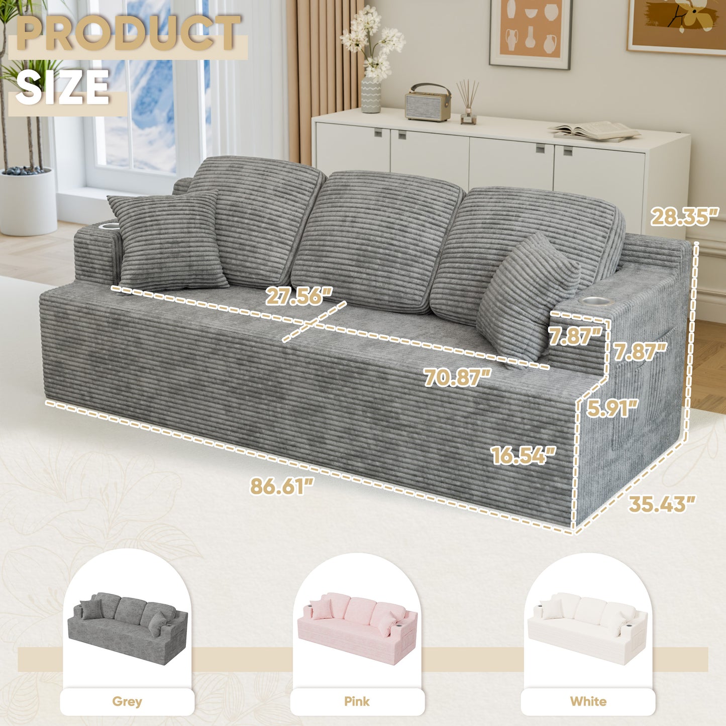 Furmax 86.61" Boneless Sofa with Side Pocket 3 Seats Cloud Loveseat Couch Soft Corduroy Sleeper Sofa Bed with Extra Deep Seats for Living Room