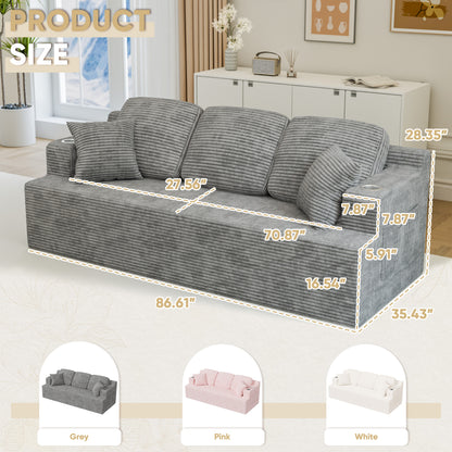 Furmax 86.61" Boneless Sofa with Side Pocket 3 Seats Cloud Loveseat Couch Soft Corduroy Sleeper Sofa Bed with Extra Deep Seats for Living Room