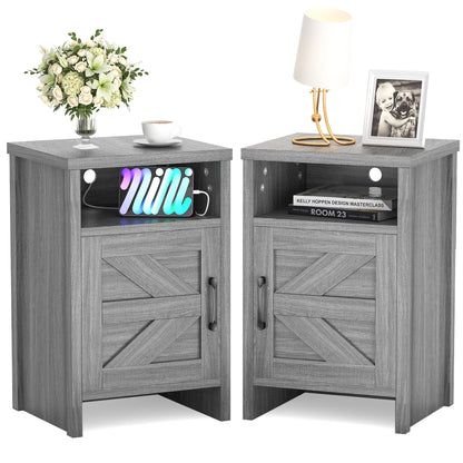 Furmax Farmhouse End Table, Nightstand Set of 2 with Barn Door and Shelf, Side Table for Living Room Bedroom