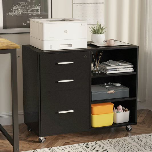 Furmax 3 Drawer Wood File Cabinet, Mobile Lateral Filing Cabinet, Printer Stand with Open Storage Shelves for Home Office, Black