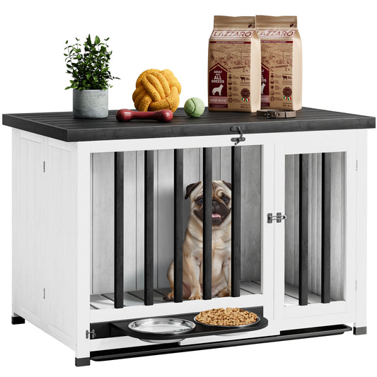 Furmax Solid Wood Indoor Dog Crate Furniture with Bowl Portable Collapsible Doghouse End Table Heavy Duty Dog Cage with Opening Roof