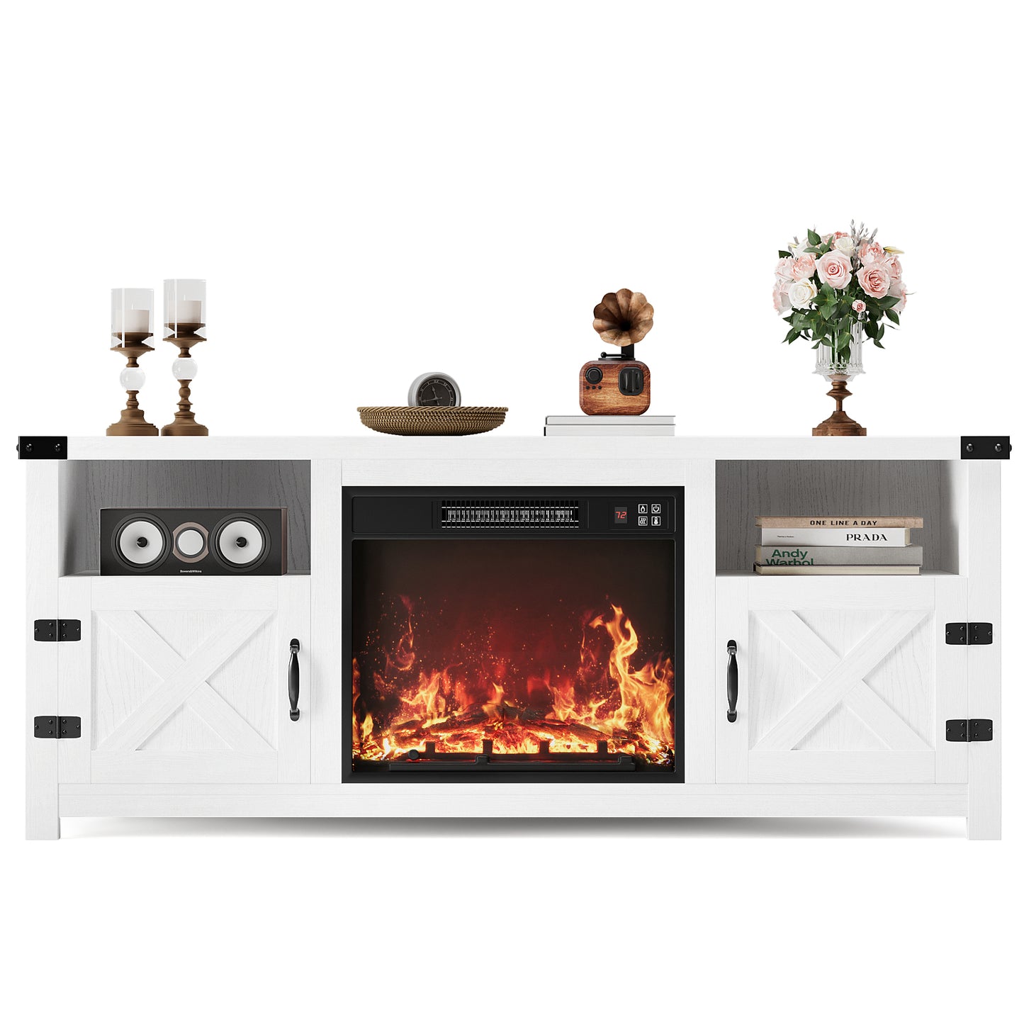 Furmax Electric Fireplace TV Stand for 65 inch TV with Remote Control,Entertainment Center with 2 Cabinets & Adjustable Shelves, Vintage Brown Media Console for Living Room, Bedroom