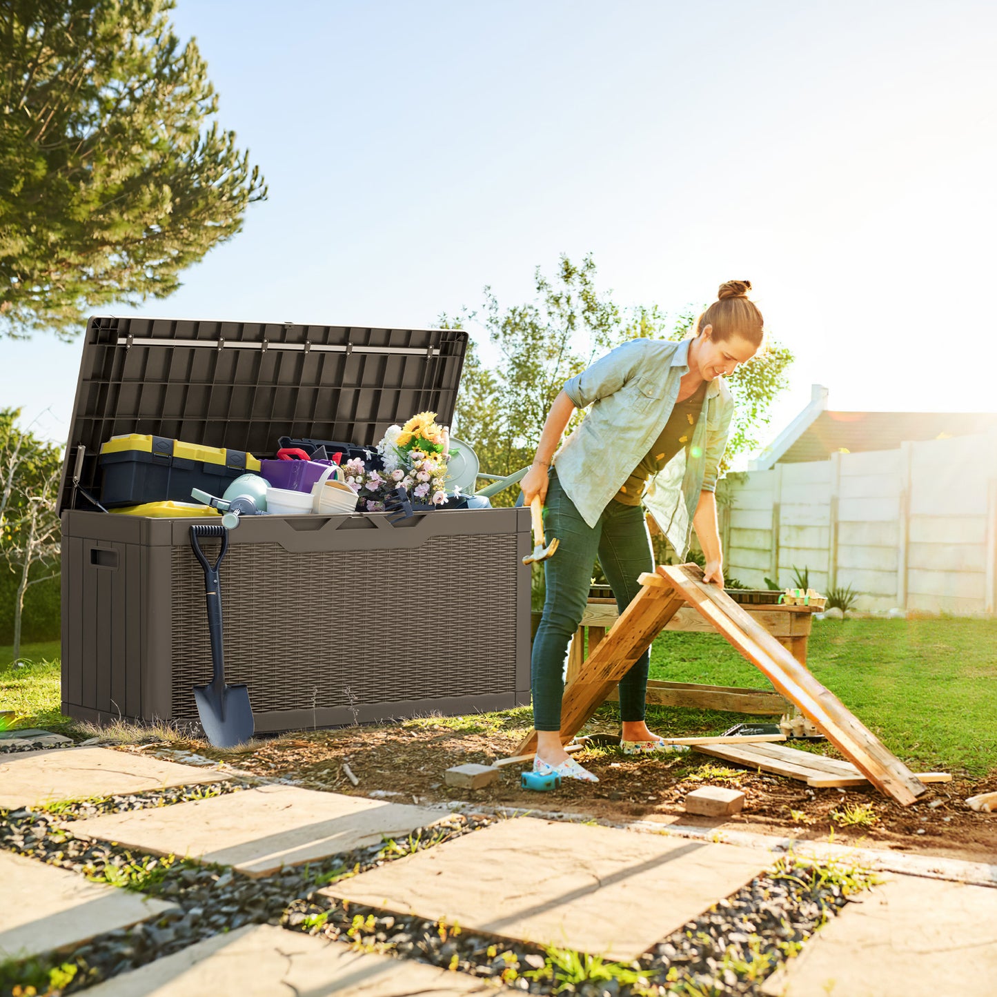 Furmax 100 Gallon Patio Lockable Storage Box, Indoor Outdoor Large Size Resin Deck Container,