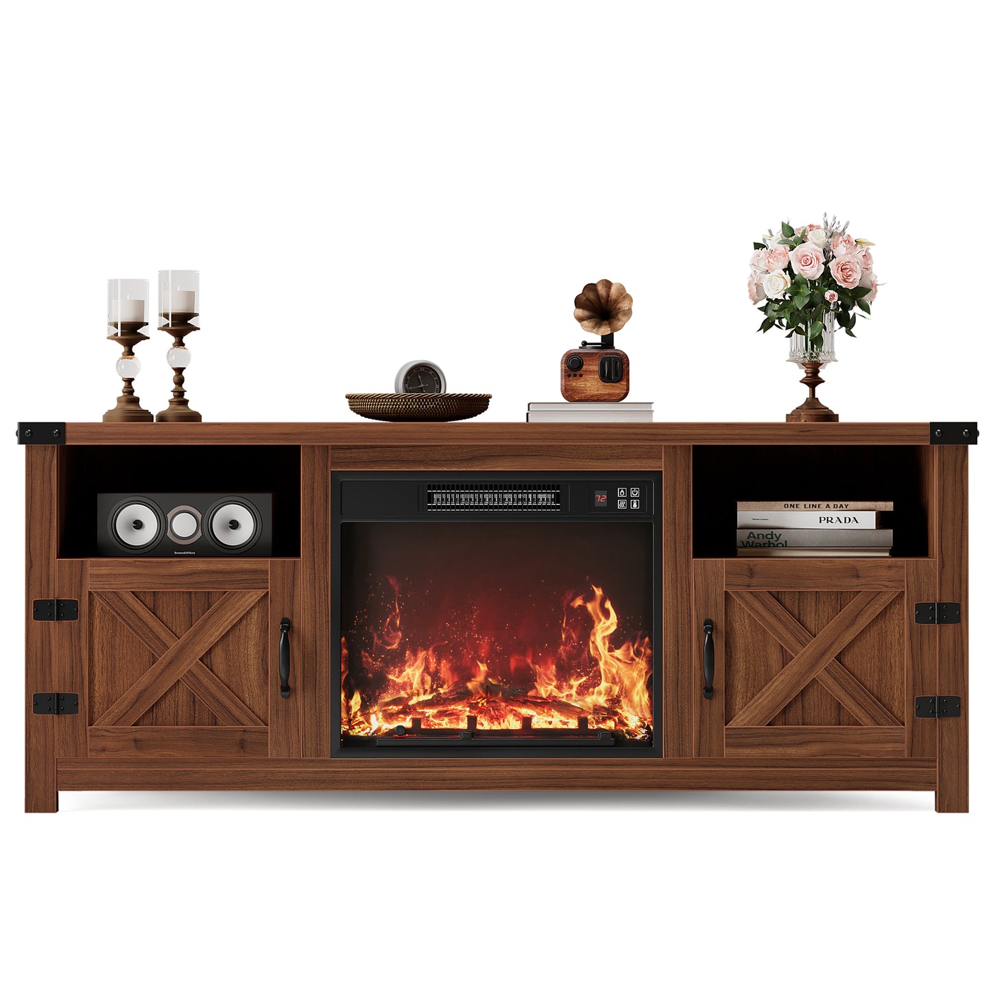 Furmax Electric Fireplace TV Stand for 65 inch TV with Remote Control,Entertainment Center with 2 Cabinets & Adjustable Shelves, Vintage Brown Media Console for Living Room, Bedroom