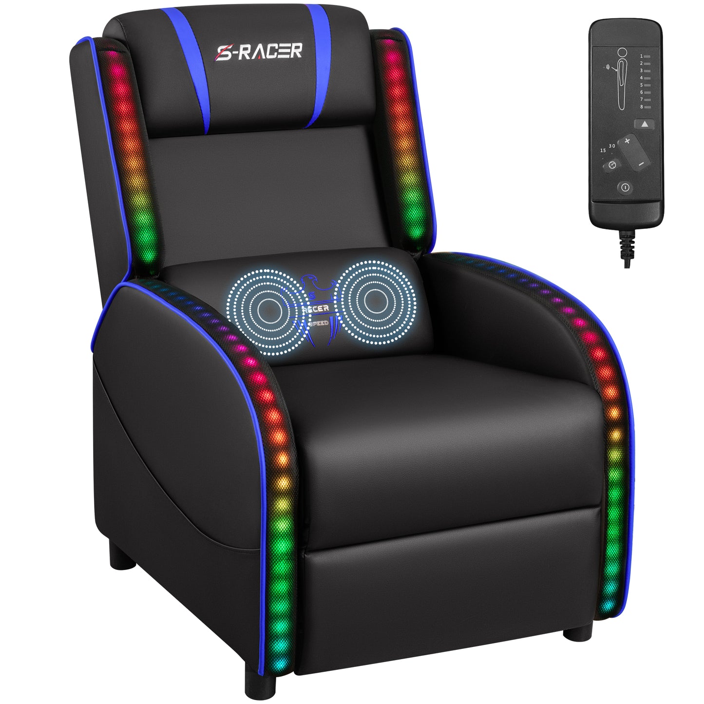 Furmax RGB LED Lights Gaming Massage Recliner Chair Racing Style Single Living Room Sofa Ergonomic Home Theater Seating with Massage Lumbar Support