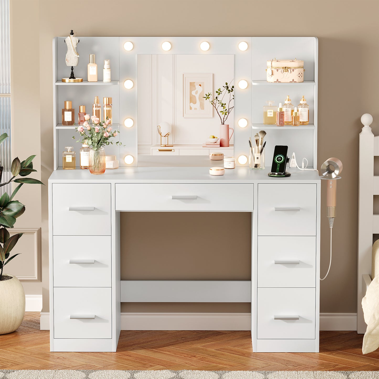 Furmax Makeup Vanity with Mirror and Drawers Vanity Desk Set with 3 Modes Adjustable Brightness Lights and USB Power Outlet