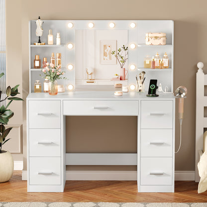 Furmax Makeup Vanity with Mirror and Drawers Vanity Desk Set with 3 Modes Adjustable Brightness Lights and USB Power Outlet