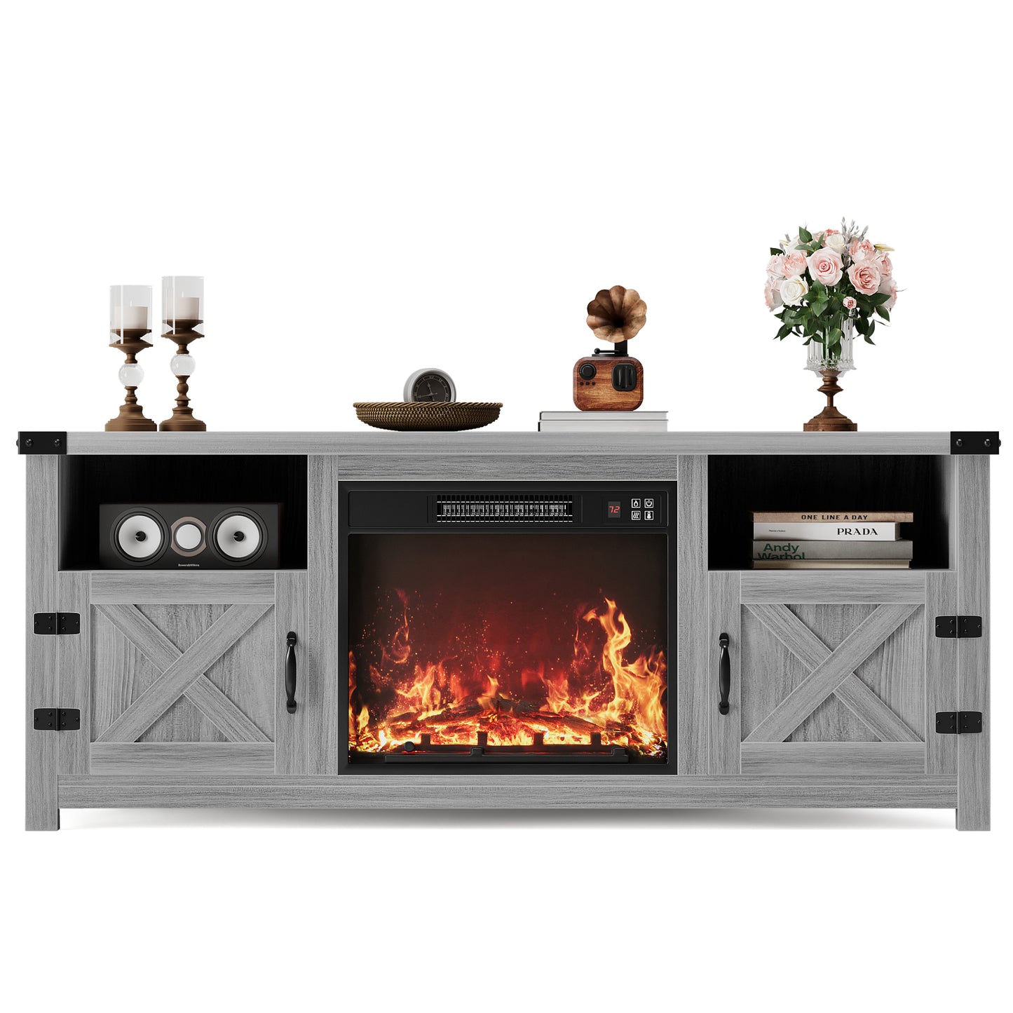 Furmax Electric Fireplace TV Stand for 65 inch TV with Remote Control,Entertainment Center with 2 Cabinets & Adjustable Shelves, Vintage Brown Media Console for Living Room, Bedroom