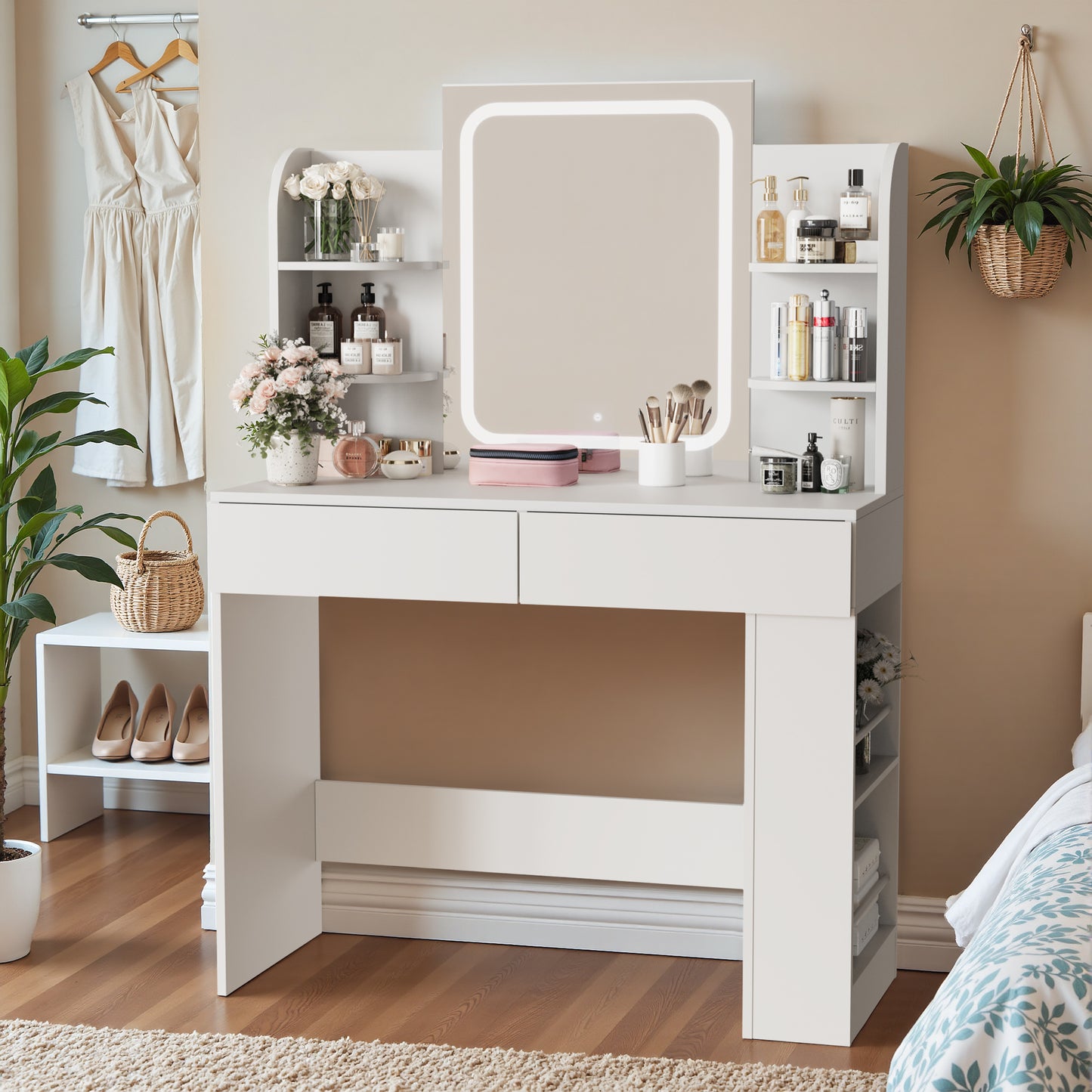 Furmax Makeup Vanity Desk and Bench Set with LED Lighted Mirror Vanity Table with Drawers, Shelves & Side Storage for Bedroom