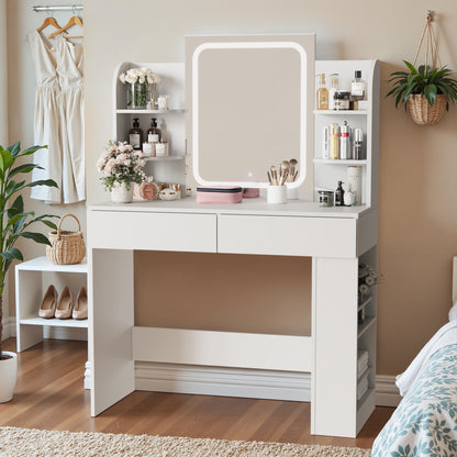 Furmax Makeup Vanity Desk and Bench Set with LED Lighted Mirror Vanity Table with Drawers, Shelves & Side Storage for Bedroom