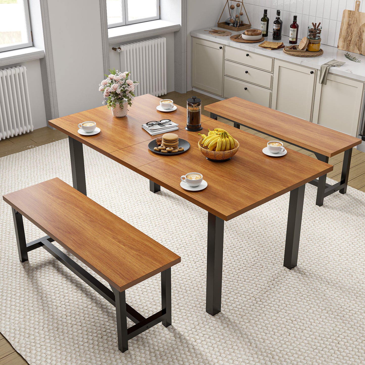 Furmax Expandable Dining Table Set for 4 with 2 Benches High Quality Metal Frame & Wood Board Kitchen Living Room Small Space Modern Kitchen Table
