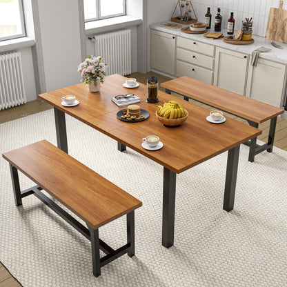 Furmax Expandable Dining Table Set for 4 with 2 Benches High Quality Metal Frame & Wood Board Kitchen Living Room Small Space Modern Kitchen Table