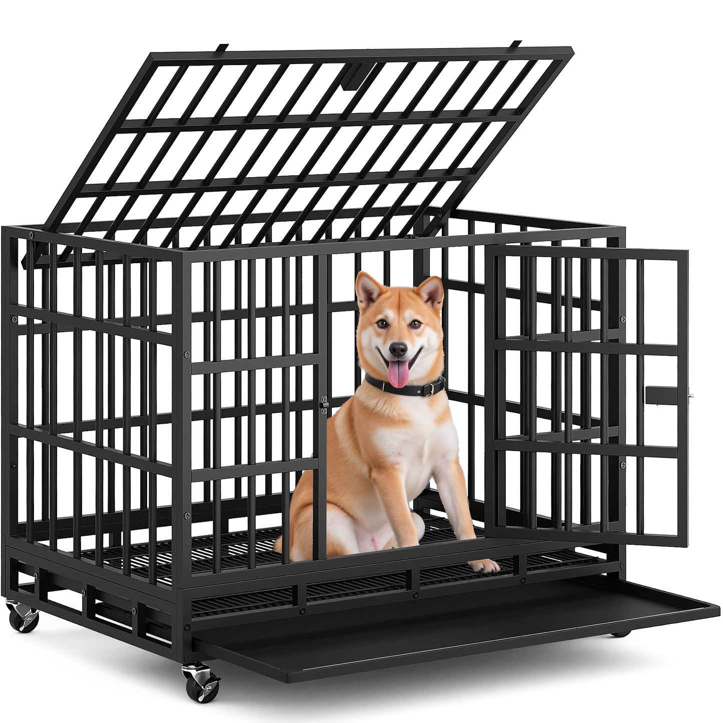 Furmax Heavy Duty Dog Crate with Removable Tray Large Dog Kennel Heavy Duty Dog Crate cage with Wheels