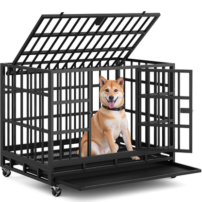 Furmax Heavy Duty Dog Crate with Removable Tray Large Dog Kennel Heavy Duty Dog Crate cage with Wheels