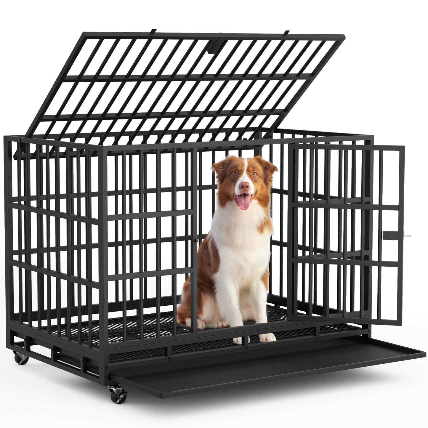 Furmax Heavy Duty Dog Crate with Removable Tray Large Dog Kennel Heavy Duty Dog Crate cage with Wheels