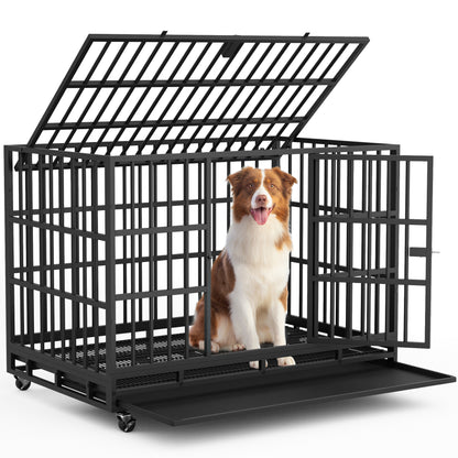 Furmax Heavy Duty Dog Crate with Removable Tray Large Dog Kennel Heavy Duty Dog Crate cage with Wheels