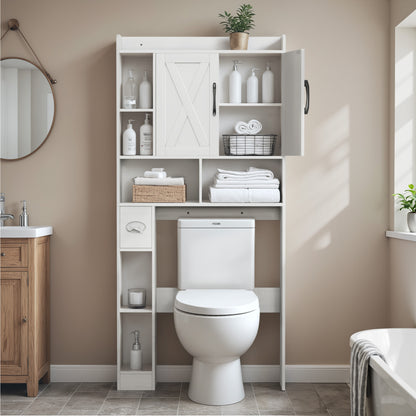 Furmax Farmhouse Style Over The Toilet Storage Cabinet with Barn Doors, Space Saver with Toilet Paper Holder for Bathroom and Restroom