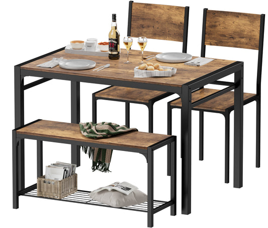 Furmax Modern Dining Table and Chair Set for 4 with Bench Indoor Outdoor Kitchen Living Room Furniture Garden Desk Set Wood Metal Waterproof Desk Chair Set