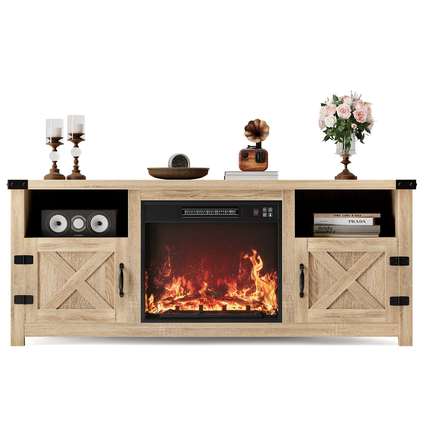 Furmax Electric Fireplace TV Stand for 65 inch TV with Remote Control,Entertainment Center with 2 Cabinets & Adjustable Shelves, Vintage Brown Media Console for Living Room, Bedroom