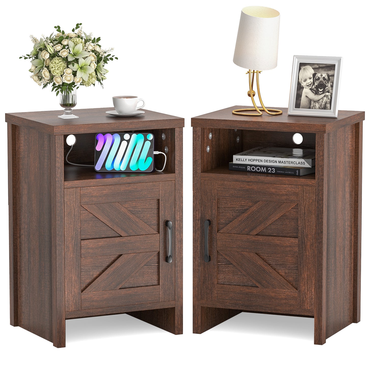 Furmax Farmhouse End Table, Nightstand Set of 2 with Barn Door and Shelf, Side Table for Living Room Bedroom