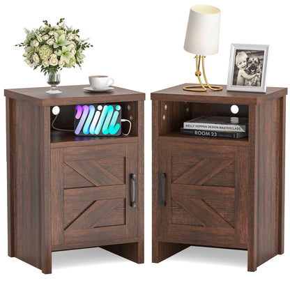 Furmax Farmhouse End Table, Nightstand Set of 2 with Barn Door and Shelf, Side Table for Living Room Bedroom