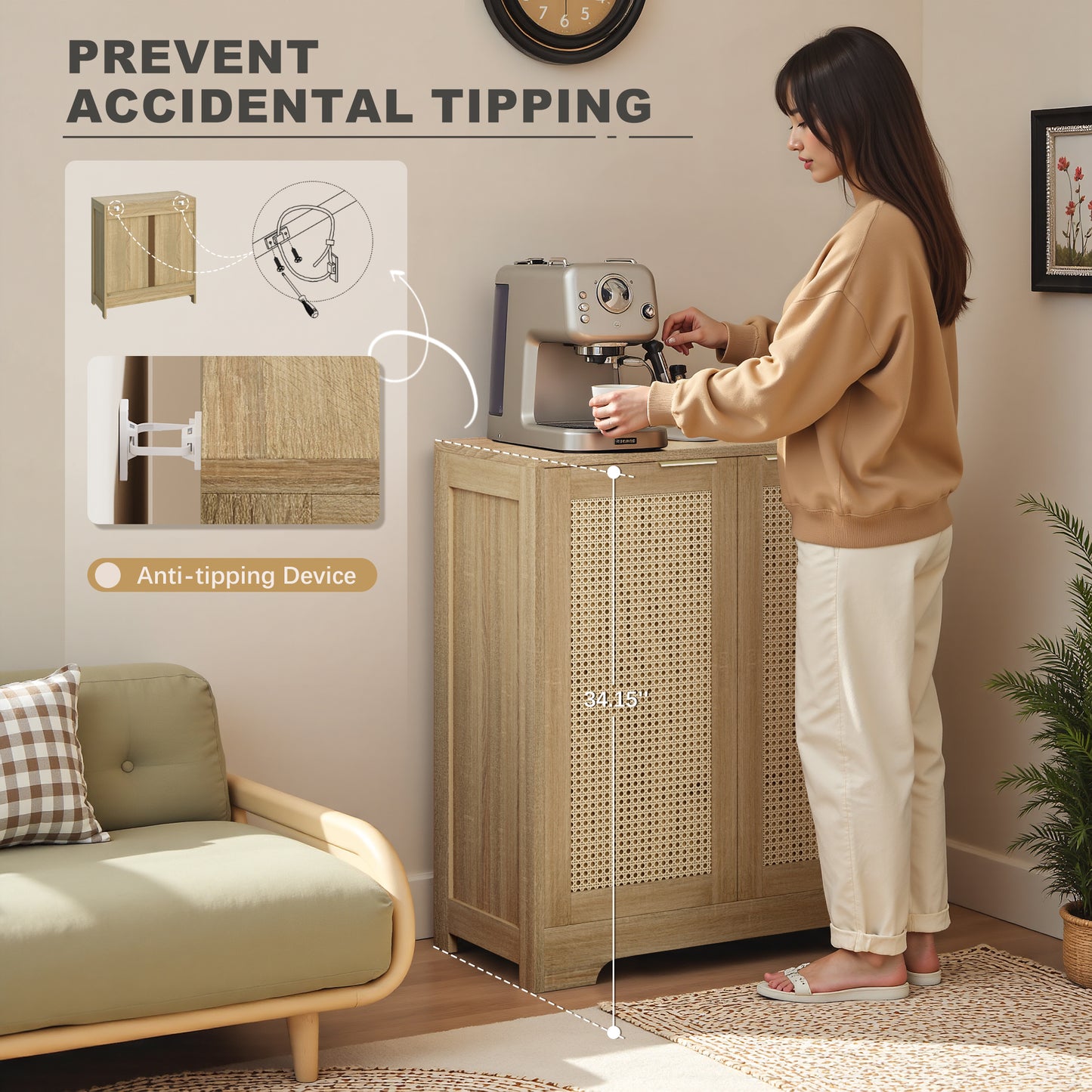 Furmax Rattan Door Buffet Cabinet Sideboard for Kitchen Wood Storage with Adjustable Shelf for Hallway Entry and Living Room