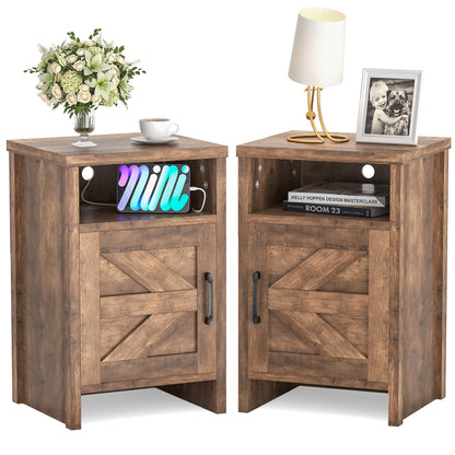 Furmax Farmhouse End Table, Nightstand Set of 2 with Barn Door and Shelf, Side Table for Living Room Bedroom