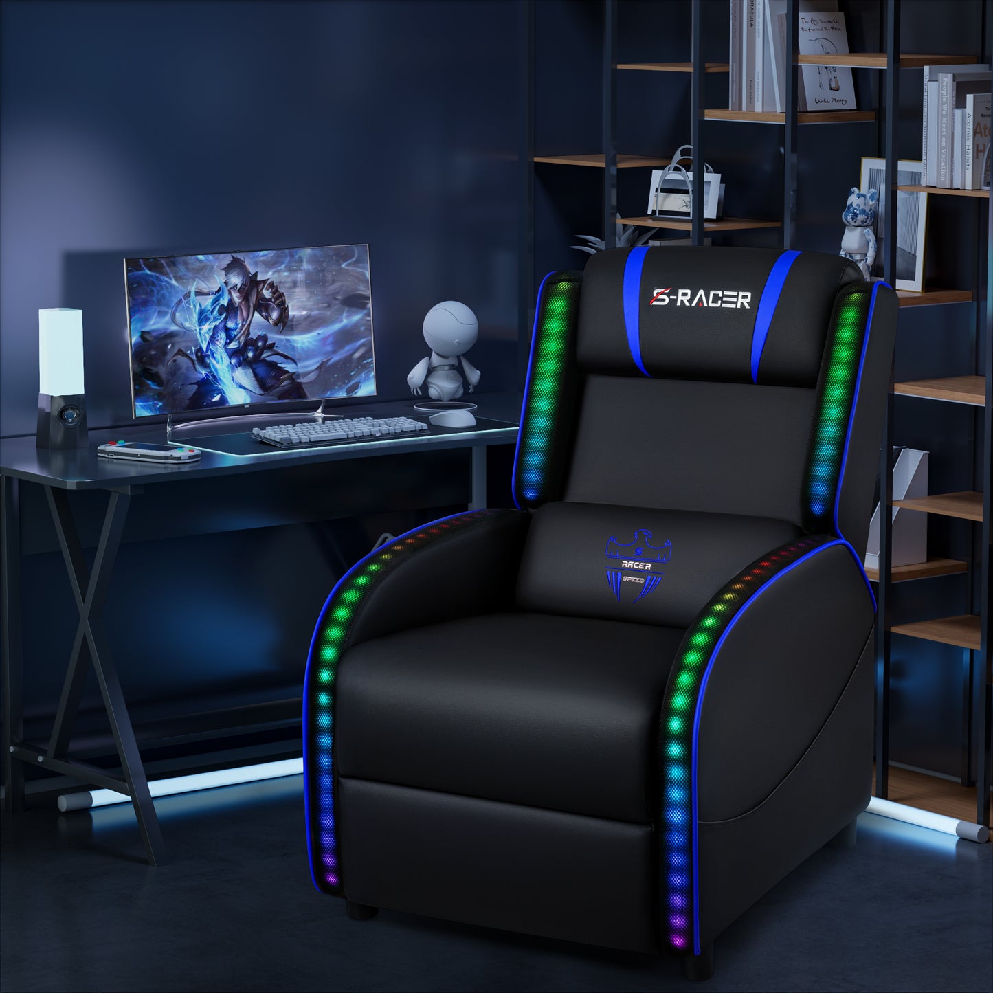 Furmax RGB LED Lights Gaming Massage Recliner Chair Racing Style Single Living Room Sofa Ergonomic Home Theater Seating with Massage Lumbar Support