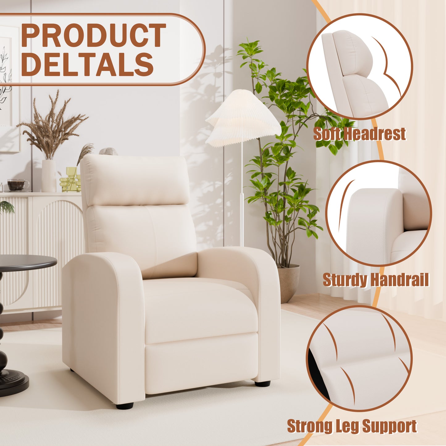 Furmax Recliner Chair Pu Leather Single Sofa Home Theater Recliners with Lumbar Support for Living Room