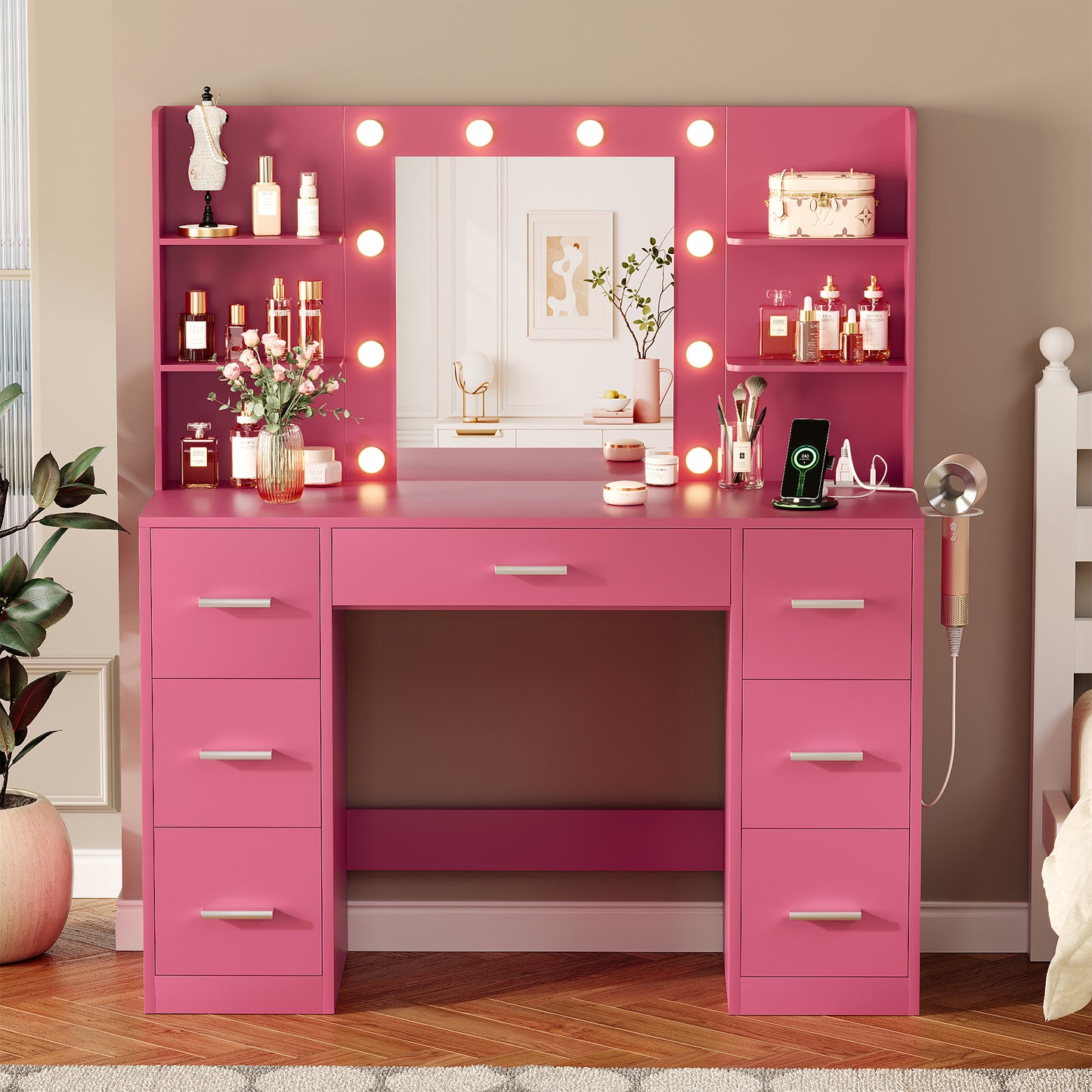 Furmax Makeup Vanity with Mirror and Drawers Vanity Desk Set with 3 Modes Adjustable Brightness Lights and USB Power Outlet