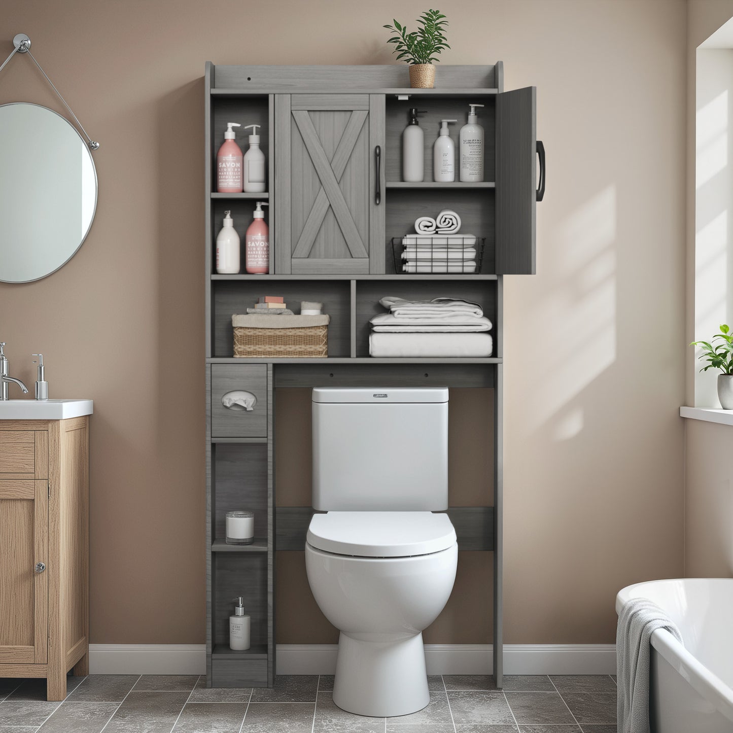 Furmax Farmhouse Style Over The Toilet Storage Cabinet with Barn Doors, Space Saver with Toilet Paper Holder for Bathroom and Restroom