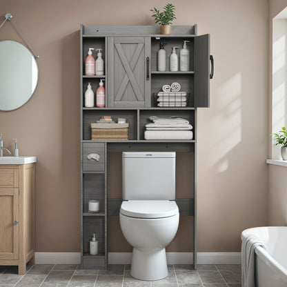 Furmax Farmhouse Style Over The Toilet Storage Cabinet with Barn Doors, Space Saver with Toilet Paper Holder for Bathroom and Restroom