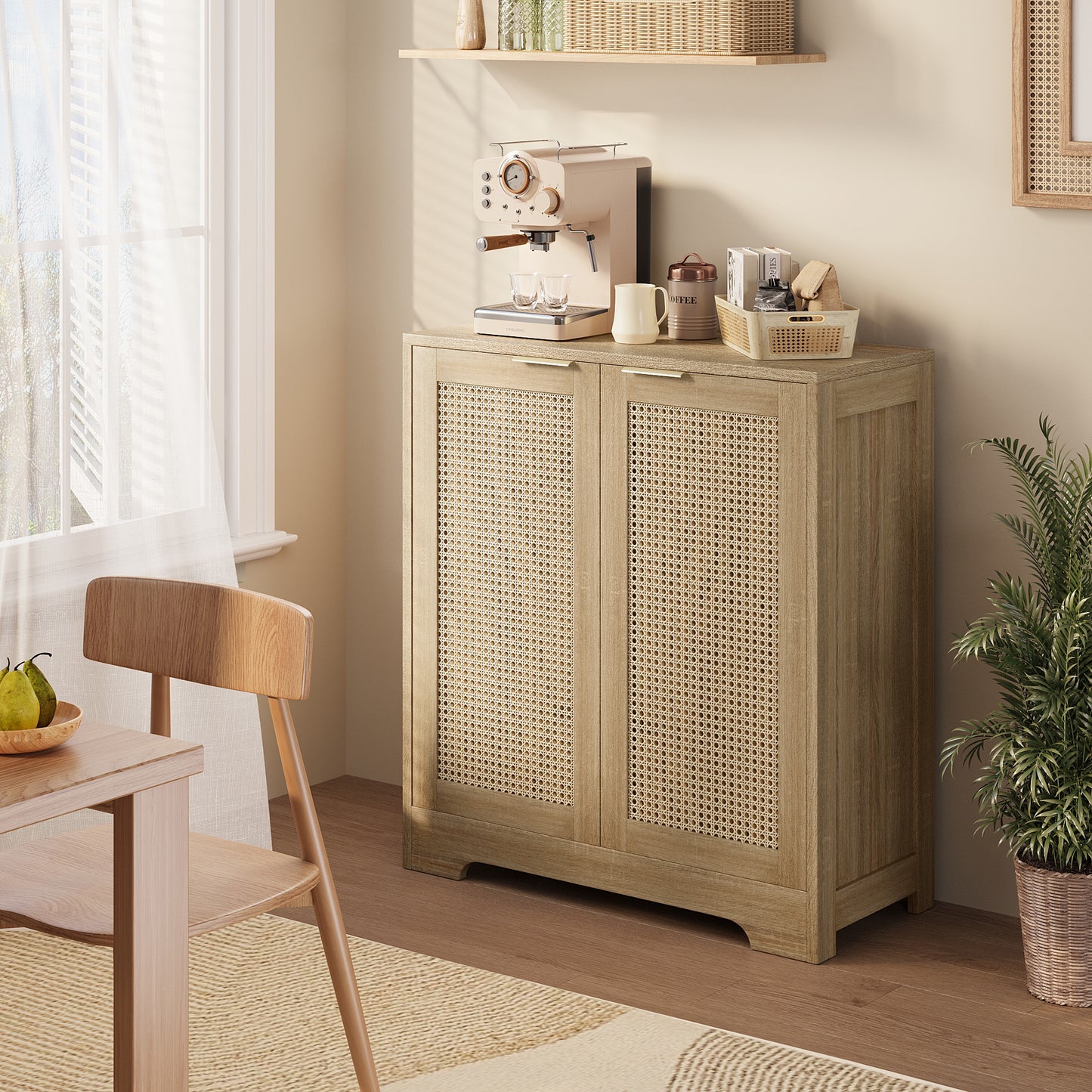 Furmax Rattan Door Buffet Cabinet Sideboard for Kitchen Wood Storage with Adjustable Shelf for Hallway Entry and Living Room