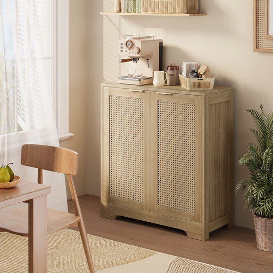 Furmax Rattan Door Buffet Cabinet Sideboard for Kitchen Wood Storage with Adjustable Shelf for Hallway Entry and Living Room
