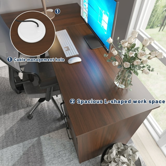 Furmax L Shaped Desk Corner Office Desk Computer Desk with Storage Cabinet & Drawers