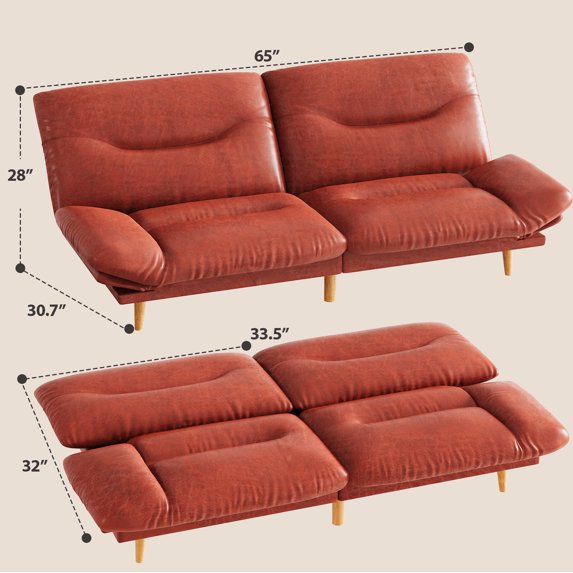 Furmax Futon with Five Angles Adjustable Armrests and Adjustable Backrest Futon Sofa Couch for Small Spaces Living Room Office,Leathaire Brown