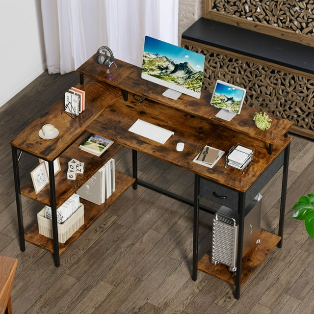 Furmax L-Shape Office Desk Gaming Table with LED Lights Built-in Socket Computer Stand Cloth Drawer 2 Types of Assembly