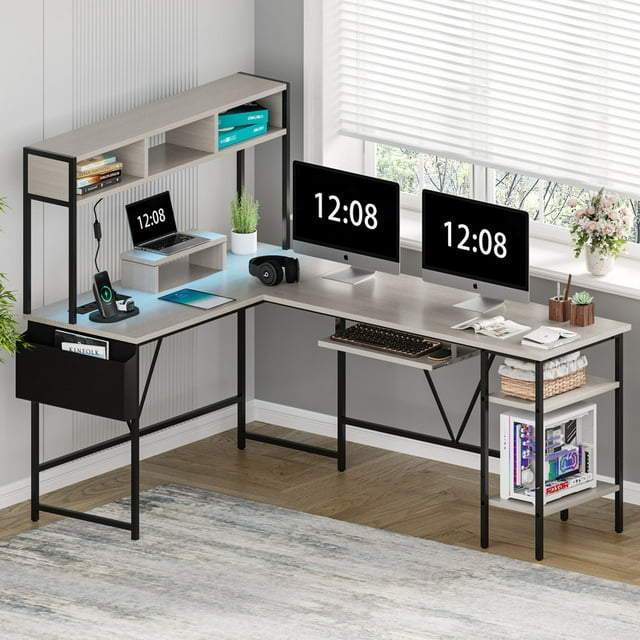 Furmax L-Shape Office Desk Gaming Table with LED Lights Storage Rack Built-in Socket Computer Stand Organizer Pocket Keyboard Drawer