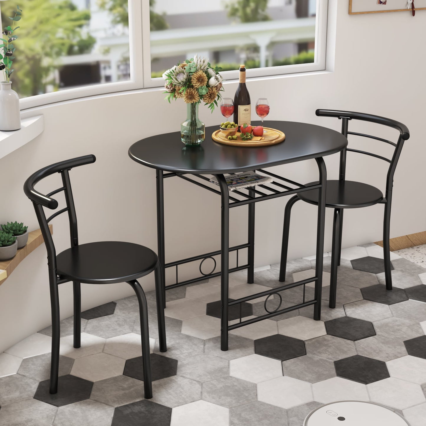 Furmax 3 Piece Wood and Metal Dining set, Small dining table for 2 ,for Living Room, Dining Room, Kitchen